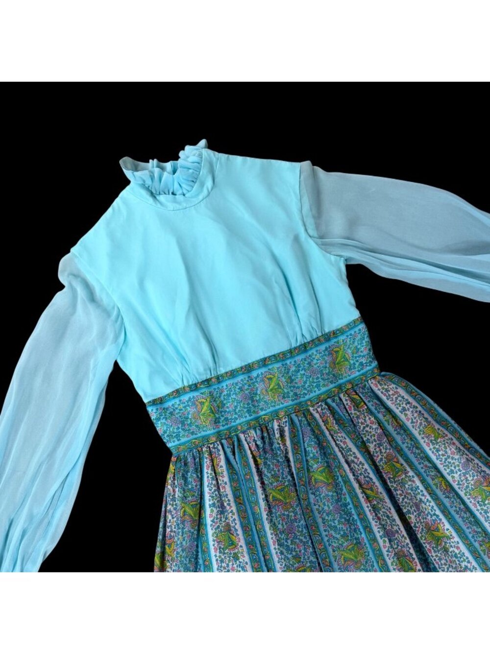 Vintage Blue Dress Long Sheer Sleeves Paisley Floral Striped 1960s Groovy